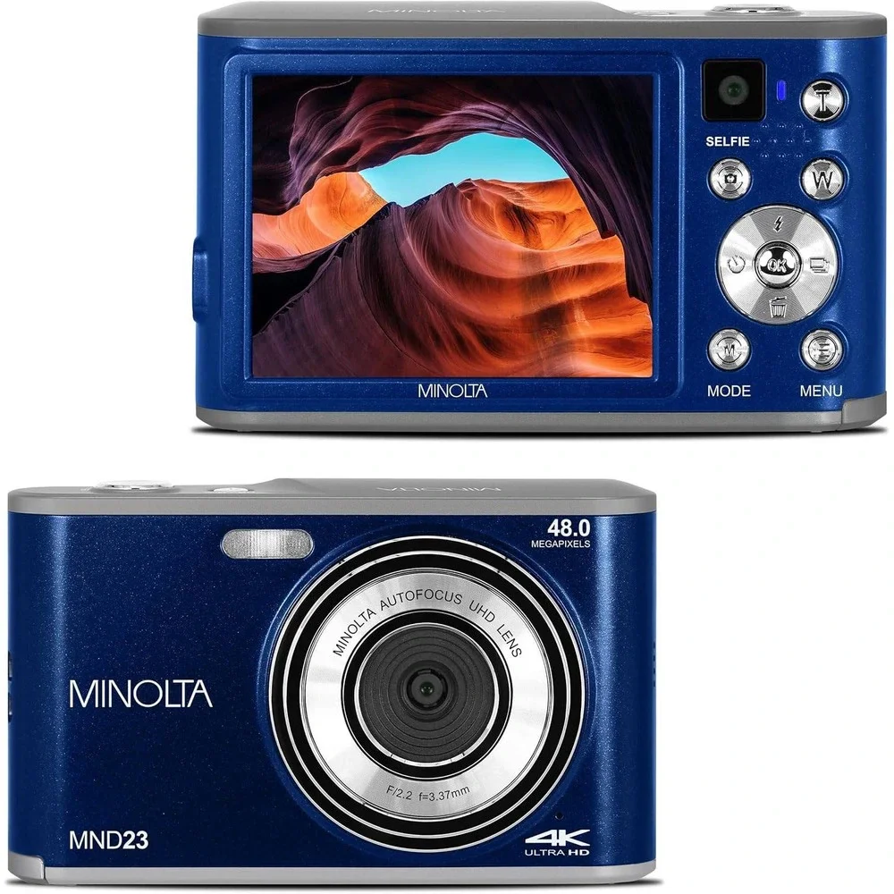 Minolta MND23 48MP Digital Camera 4K Ultra HD Selfie Lens Blue 32GB Open Box